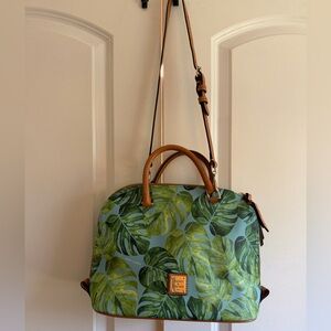 Dooney & Bourke Green Leaf Print Satchel Tan Leather Strap Tropical Vacation